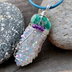 Raw Emerald, Angel Aura, Amethyst Bead Necklace